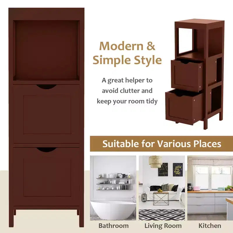 Costway Bathroom Floor Cabinet Freestanding Side Storage Organizer with 2 Removable Drawers Brown/Grey/Black