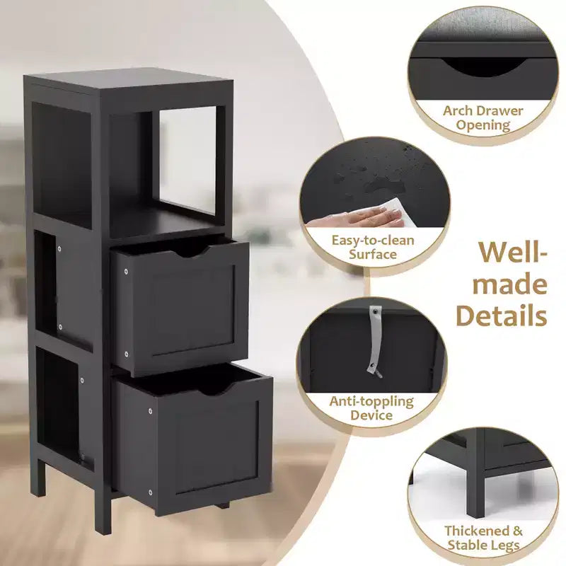 Costway Bathroom Floor Cabinet Freestanding Side Storage Organizer with 2 Removable Drawers Brown/Grey/Black