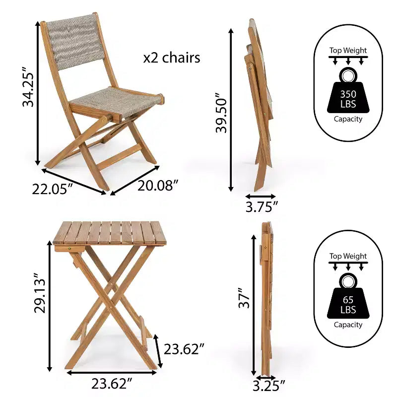 Javea Modern Coastal 3-Piece Acacia Wood Outdoor Folding Bistro Set