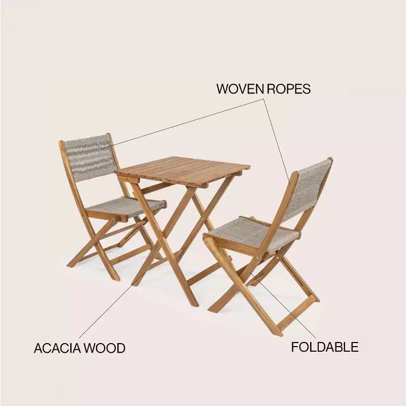 Javea Modern Coastal 3-Piece Acacia Wood Outdoor Folding Bistro Set