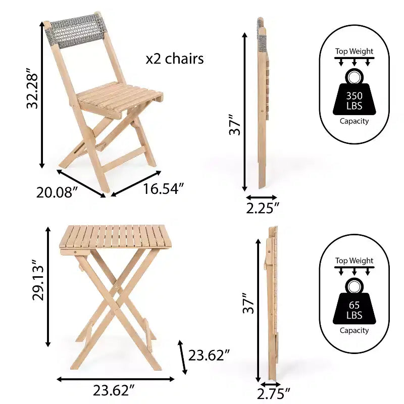 Sitges Modern Mid-Century 3-Piece Roped Acacia Wood Outdoor Folding Bistro Set