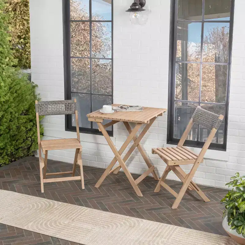 Sitges Modern Mid-Century 3-Piece Roped Acacia Wood Outdoor Folding Bistro Set
