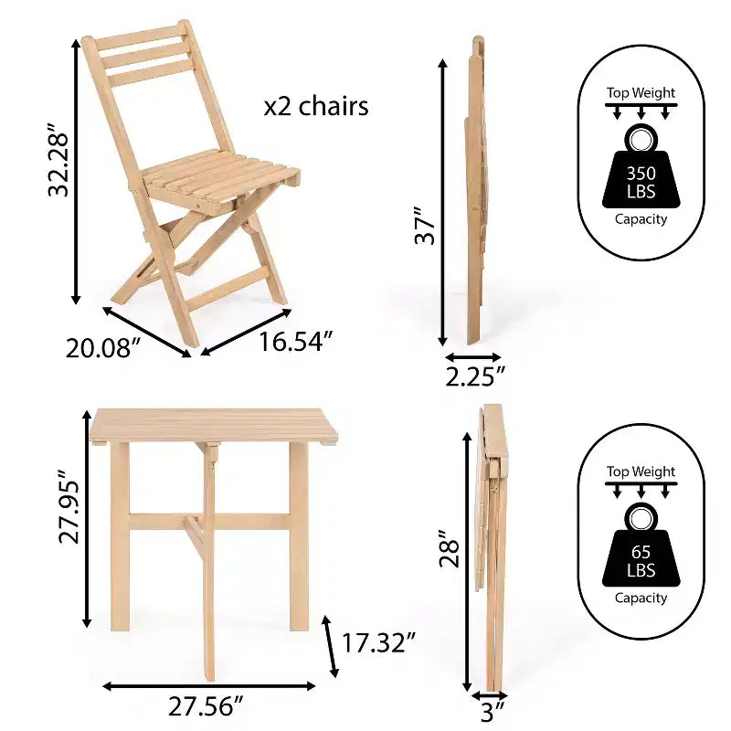 Nerja Modern Traditional 3-Piece Acacia Wood Outdoor Folding Bistro Set