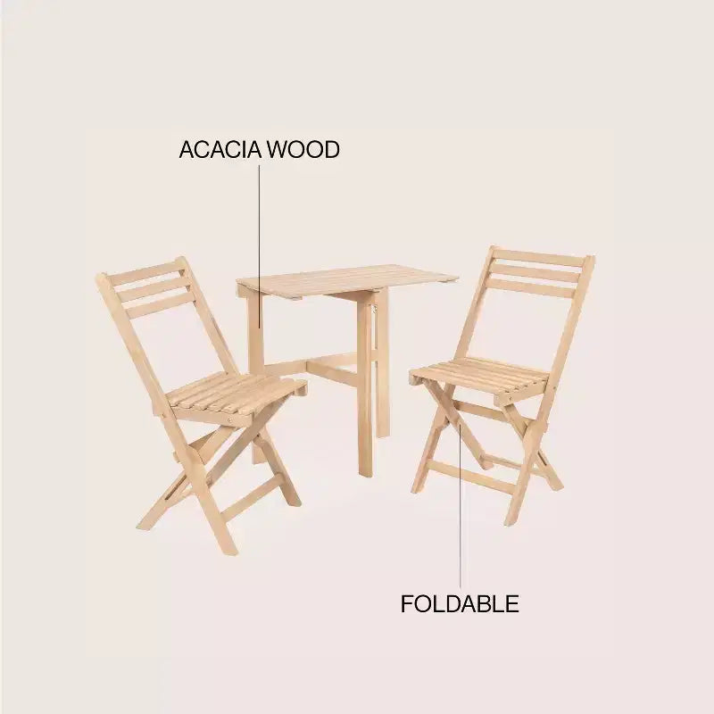 Nerja Modern Traditional 3-Piece Acacia Wood Outdoor Folding Bistro Set