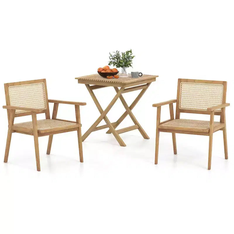 Costway 3 Pieces Patio Table Chair Set Wood Bistro Set with Natural Rattan Seat & Indonesia Teak Wood Frame