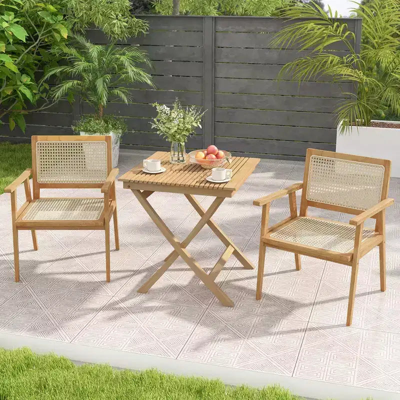 Costway 3 Pieces Patio Table Chair Set Wood Bistro Set with Natural Rattan Seat & Indonesia Teak Wood Frame