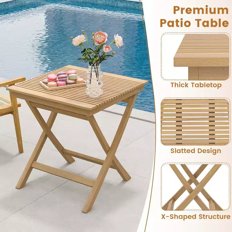 Costway 3 Pieces Patio Table Chair Set Wood Bistro Set with Natural Rattan Seat & Indonesia Teak Wood Frame
