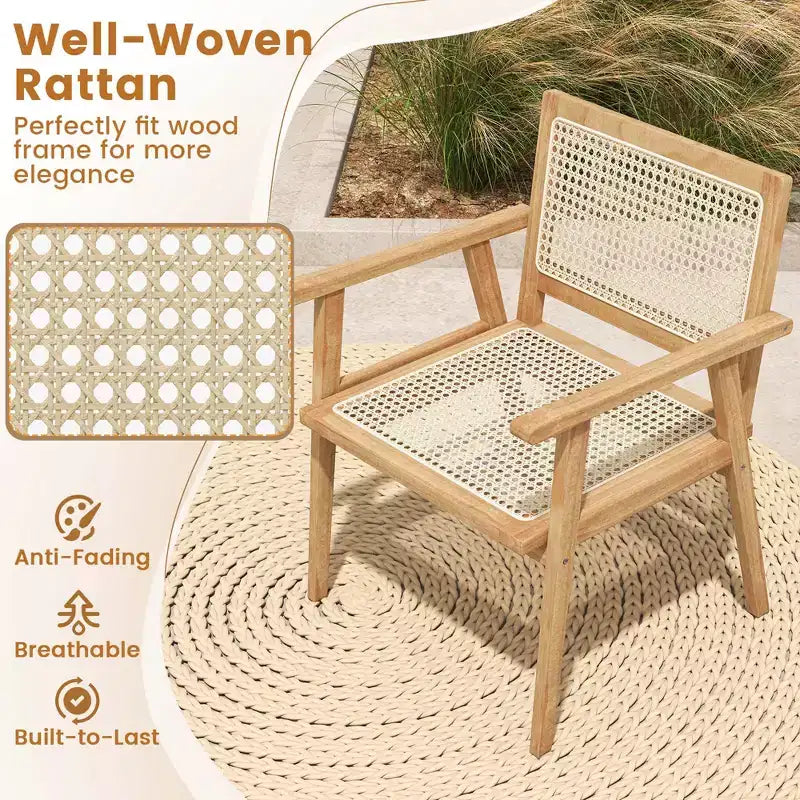 Costway 3 Pieces Patio Table Chair Set Wood Bistro Set with Natural Rattan Seat & Indonesia Teak Wood Frame