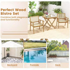 Costway 3 Pieces Patio Table Chair Set Wood Bistro Set with Natural Rattan Seat & Indonesia Teak Wood Frame
