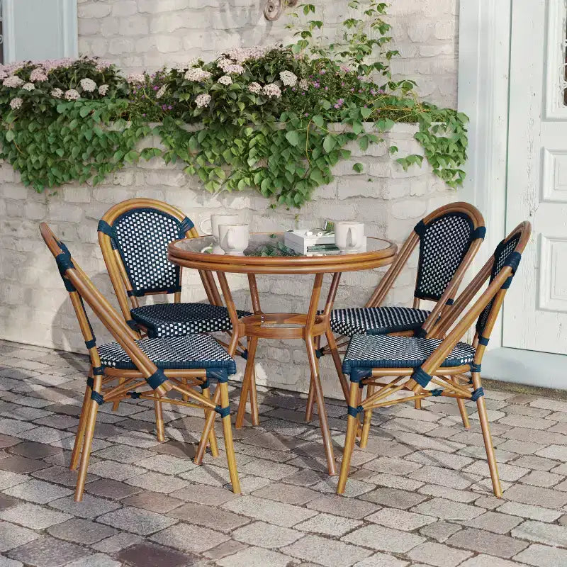 Flash Furniture Bordeaux Indoor/Outdoor Commercial Bistro 31.5 Table, PE Rattan, Glass Top with 4 Stack Chairs