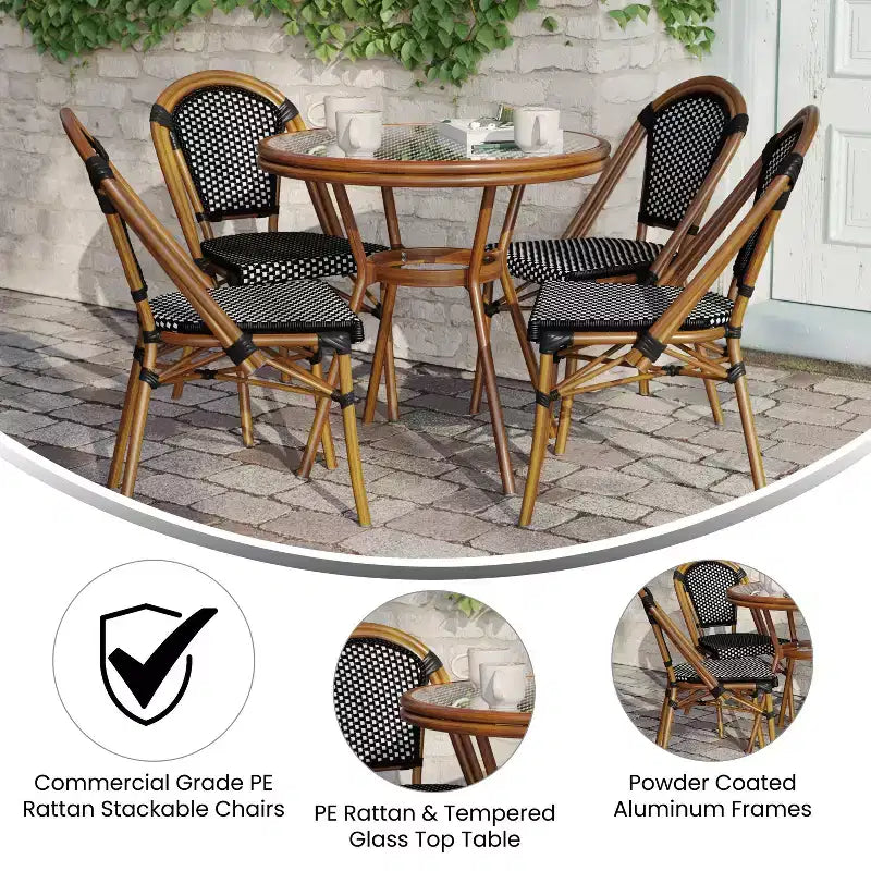 Flash Furniture Bordeaux Indoor/Outdoor Commercial Bistro 31.5 Table, PE Rattan, Glass Top with 4 Stack Chairs