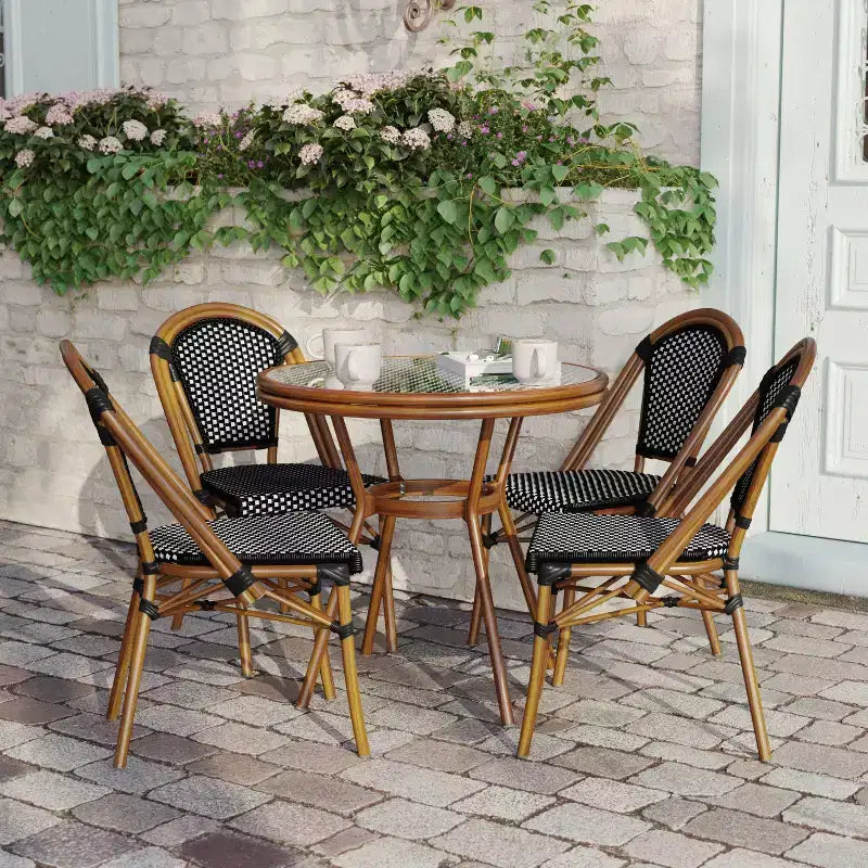 Flash Furniture Bordeaux Indoor/Outdoor Commercial Bistro 31.5 Table, PE Rattan, Glass Top with 4 Stack Chairs