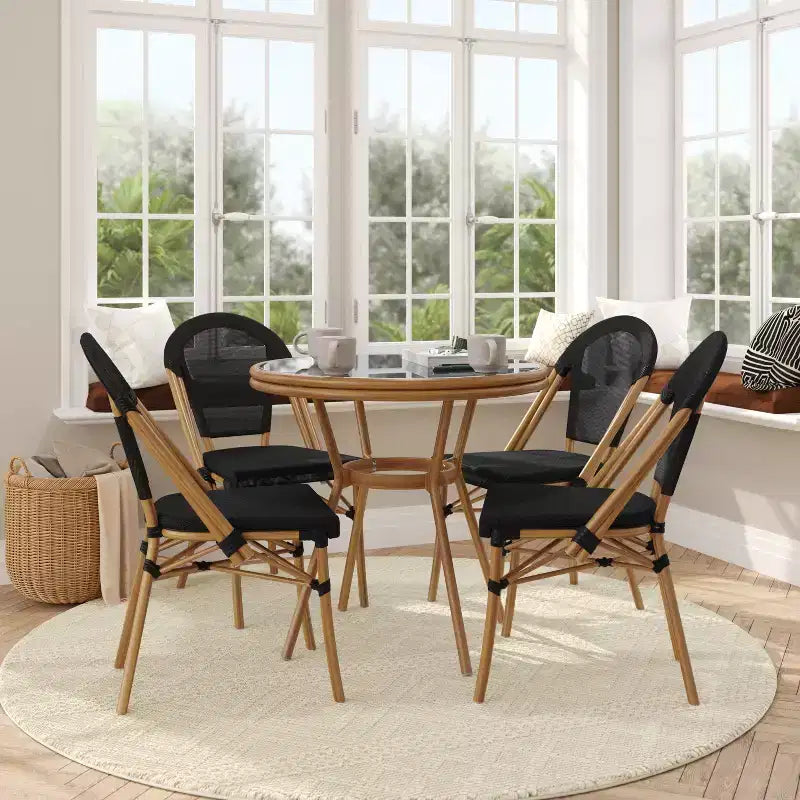 Flash Furniture Marseille Indoor/Outdoor Commercial Bistro 31.5 Table, Textilene, Glass Top with 4 Stack Chairs