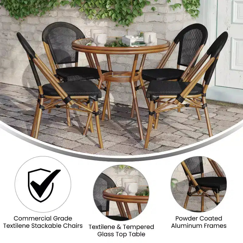 Flash Furniture Marseille Indoor/Outdoor Commercial Bistro 31.5 Table, Textilene, Glass Top with 4 Stack Chairs
