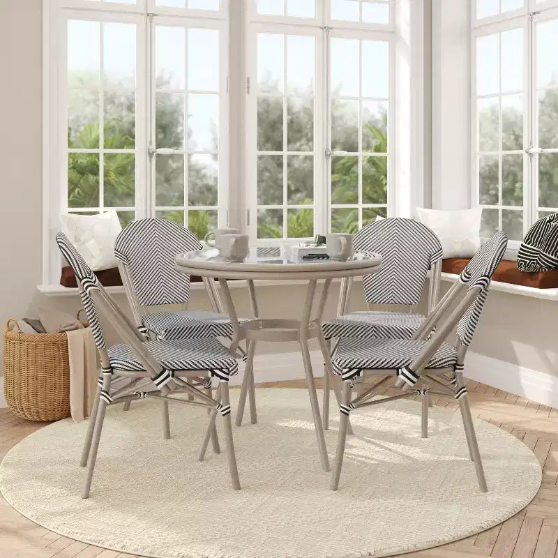 Flash Furniture Marseille Indoor/Outdoor Commercial Bistro 31.5 Table, Textilene, Glass Top with 4 Stack Chairs