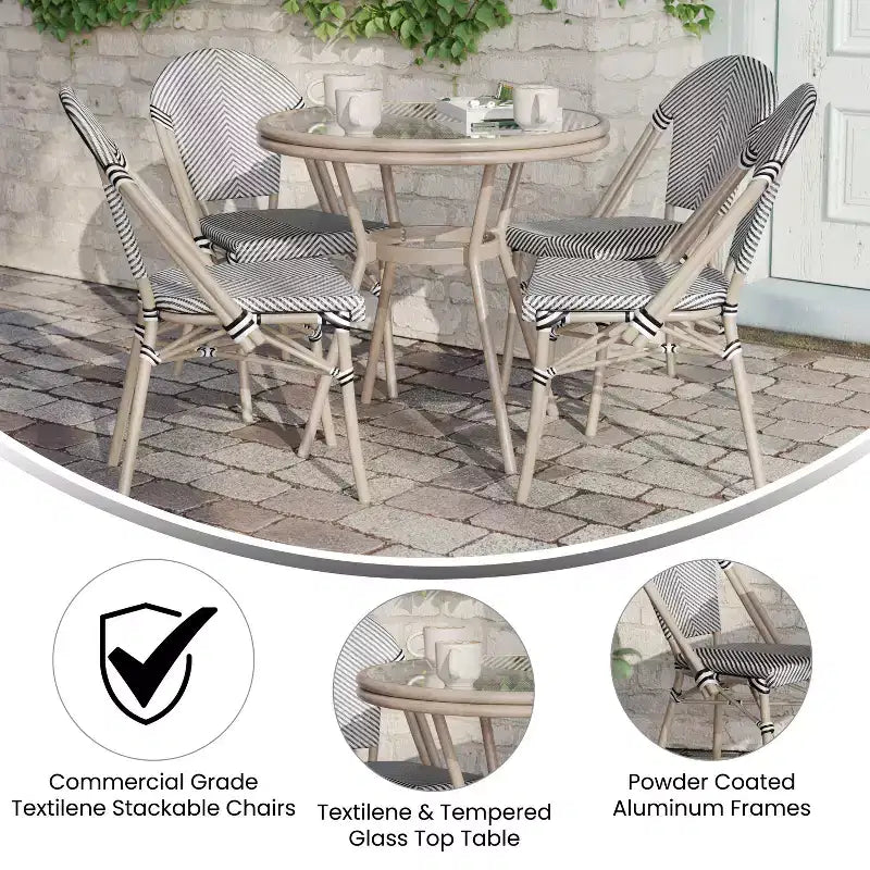 Flash Furniture Marseille Indoor/Outdoor Commercial Bistro 31.5 Table, Textilene, Glass Top with 4 Stack Chairs