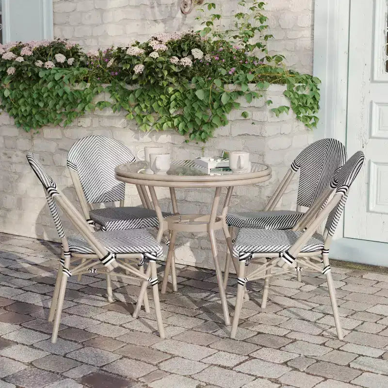 Flash Furniture Marseille Indoor/Outdoor Commercial Bistro 31.5 Table, Textilene, Glass Top with 4 Stack Chairs