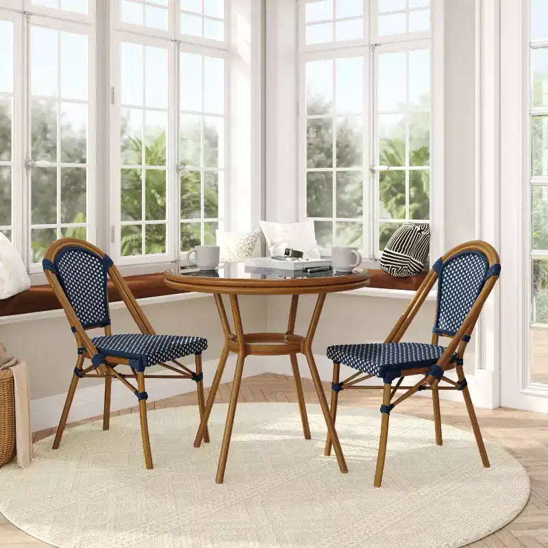 Flash Furniture Bordeaux Indoor/Outdoor Commercial Bistro 31.5 Table, PE Rattan, Glass Top with 2 Stack Chairs