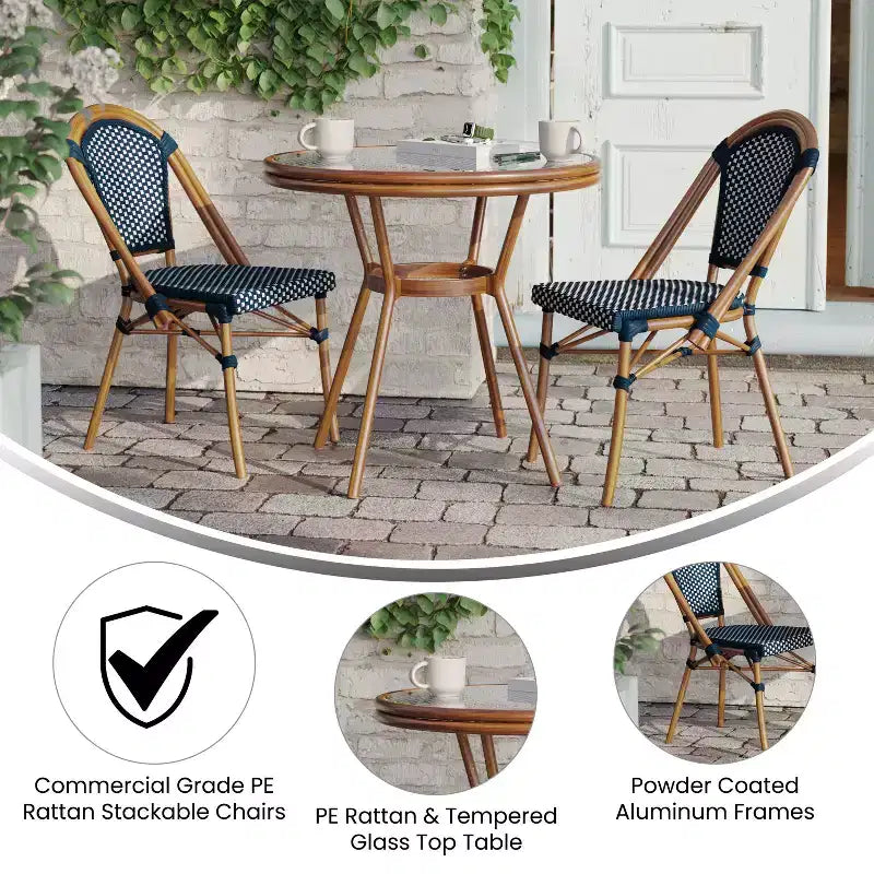 Flash Furniture Bordeaux Indoor/Outdoor Commercial Bistro 31.5 Table, PE Rattan, Glass Top with 2 Stack Chairs