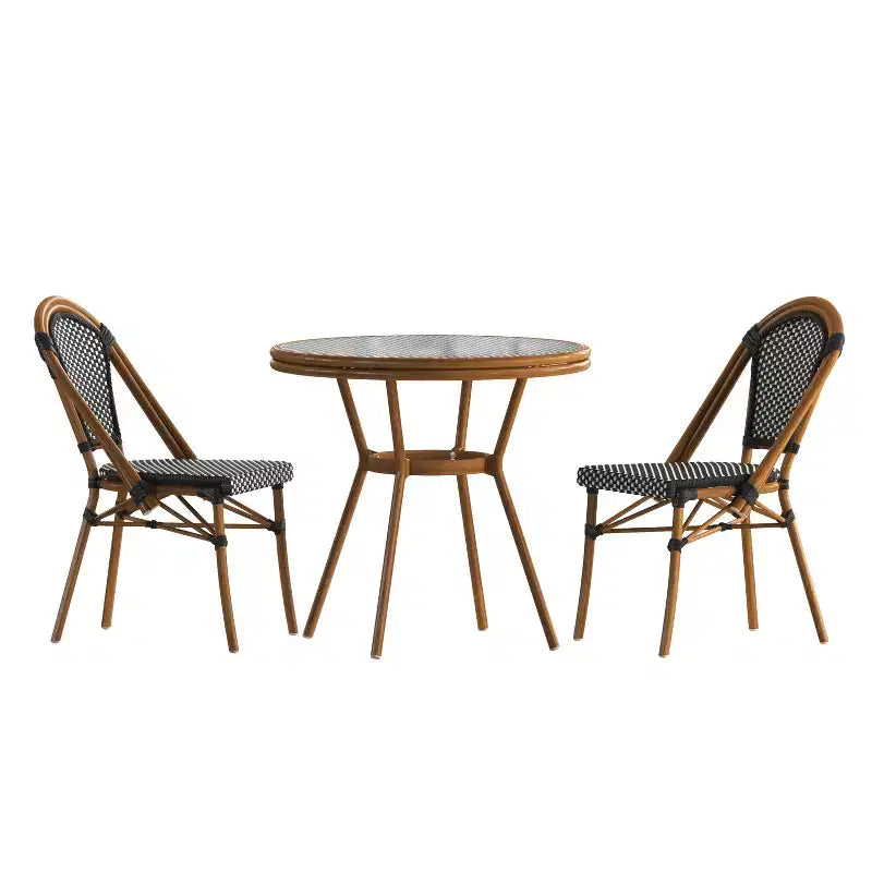 Flash Furniture Bordeaux Indoor/Outdoor Commercial Bistro 31.5 Table, PE Rattan, Glass Top with 2 Stack Chairs
