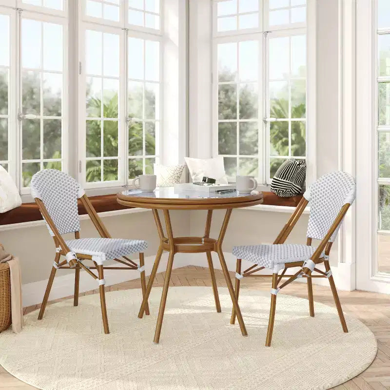 Flash Furniture Lourdes Indoor/Outdoor Commercial Bistro 31.5 Table, PE Rattan, Glass Top with 2 Stack Chairs