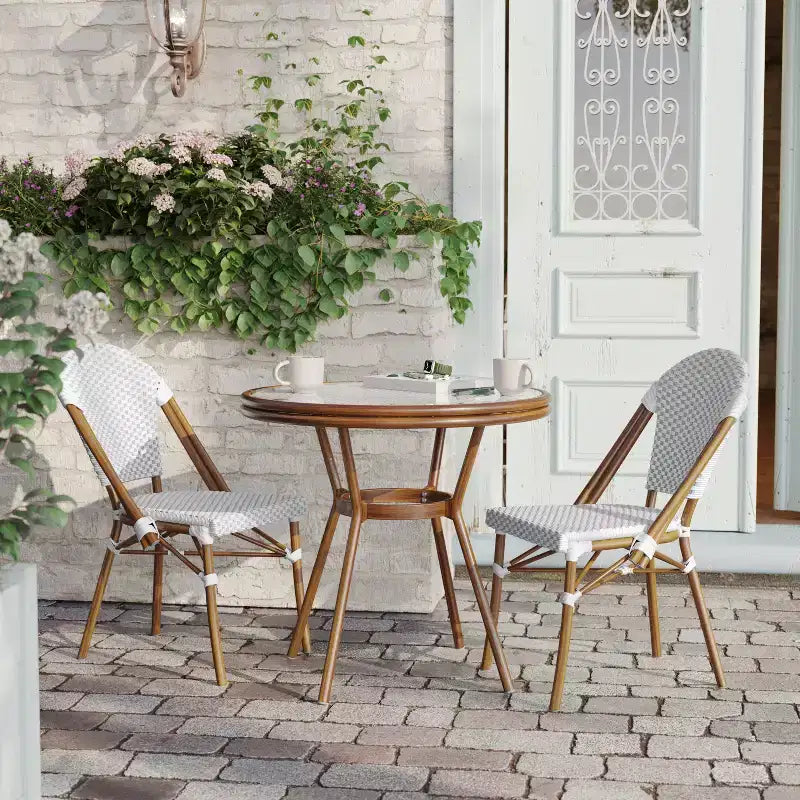 Flash Furniture Lourdes Indoor/Outdoor Commercial Bistro 31.5 Table, PE Rattan, Glass Top with 2 Stack Chairs