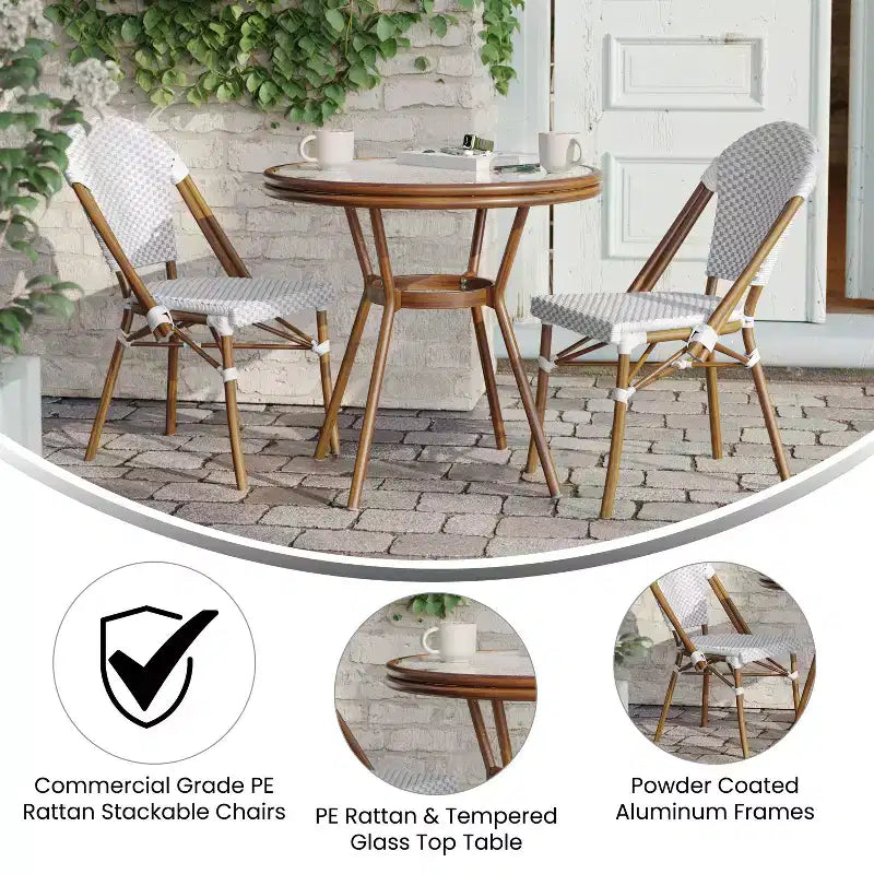 Flash Furniture Lourdes Indoor/Outdoor Commercial Bistro 31.5 Table, PE Rattan, Glass Top with 2 Stack Chairs