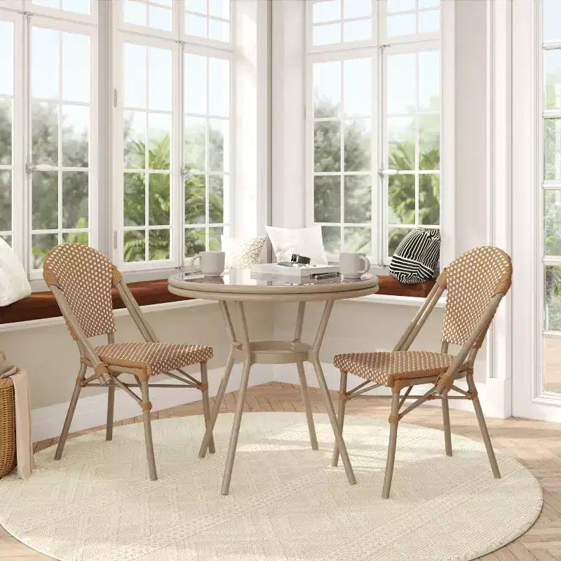 Flash Furniture Lourdes Indoor/Outdoor Commercial Bistro 31.5 Table, PE Rattan, Glass Top with 2 Stack Chairs