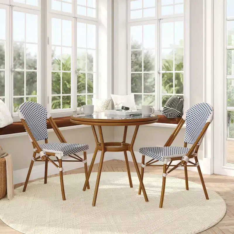 Flash Furniture Lourdes Indoor/Outdoor Commercial Bistro 31.5 Table, PE Rattan, Glass Top with 2 Stack Chairs