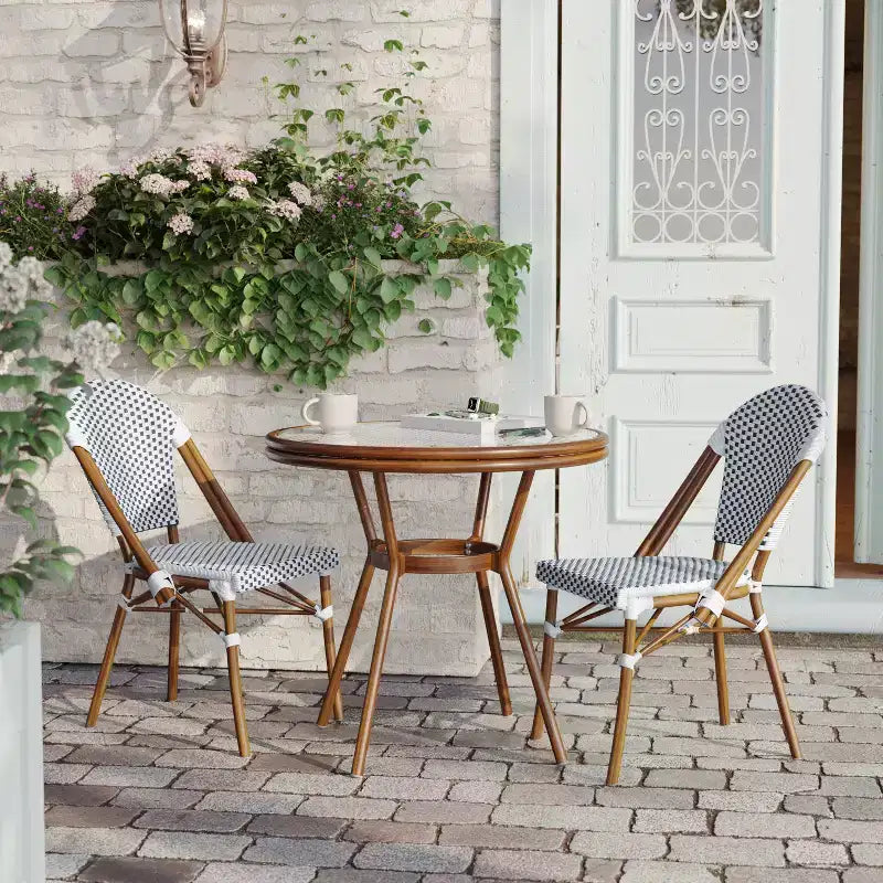 Flash Furniture Lourdes Indoor/Outdoor Commercial Bistro 31.5 Table, PE Rattan, Glass Top with 2 Stack Chairs