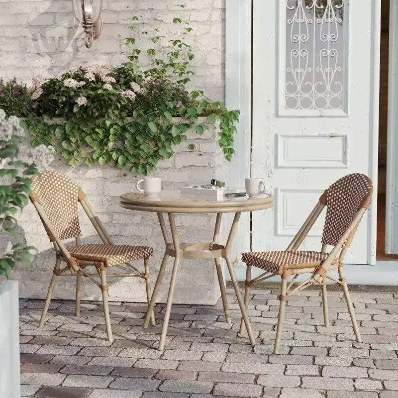 Flash Furniture Lourdes Indoor/Outdoor Commercial Bistro 31.5 Table, PE Rattan, Glass Top with 2 Stack Chairs
