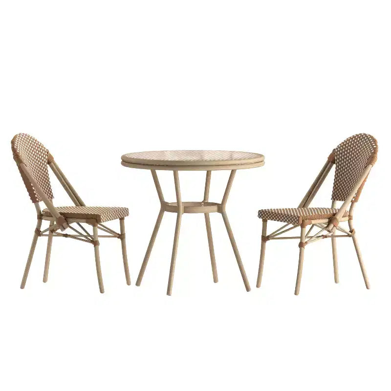 Flash Furniture Lourdes Indoor/Outdoor Commercial Bistro 31.5 Table, PE Rattan, Glass Top with 2 Stack Chairs