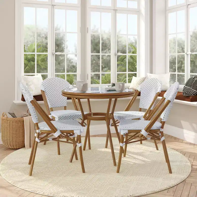 Flash Furniture Lourdes Indoor/Outdoor Commercial Bistro 31.5 Table, PE Rattan, Glass Top with 4 Stack Chairs