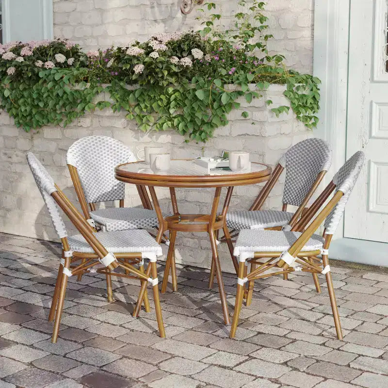 Flash Furniture Lourdes Indoor/Outdoor Commercial Bistro 31.5 Table, PE Rattan, Glass Top with 4 Stack Chairs