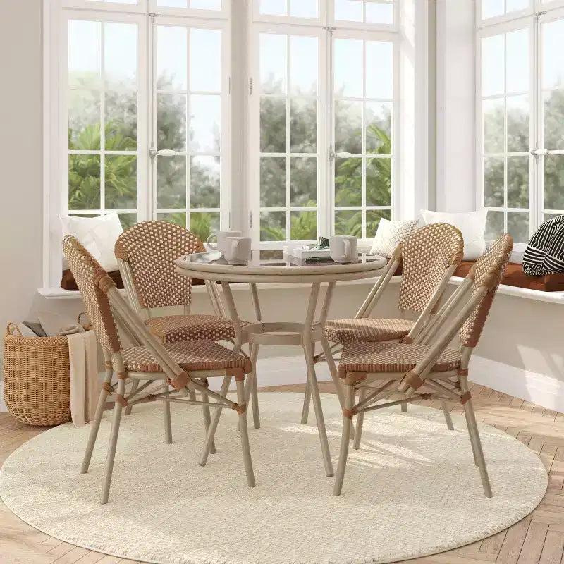 Flash Furniture Lourdes Indoor/Outdoor Commercial Bistro 31.5 Table, PE Rattan, Glass Top with 4 Stack Chairs