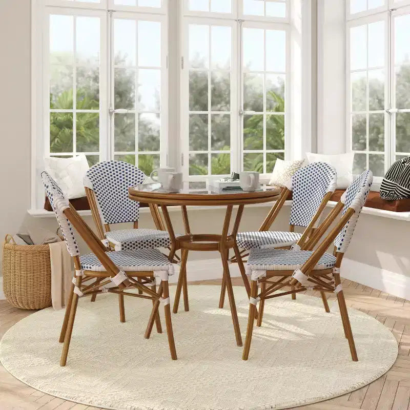 Flash Furniture Lourdes Indoor/Outdoor Commercial Bistro 31.5 Table, PE Rattan, Glass Top with 4 Stack Chairs