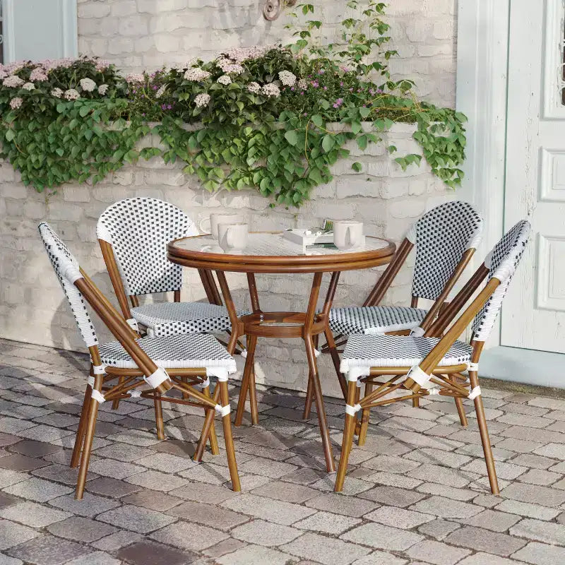 Flash Furniture Lourdes Indoor/Outdoor Commercial Bistro 31.5 Table, PE Rattan, Glass Top with 4 Stack Chairs