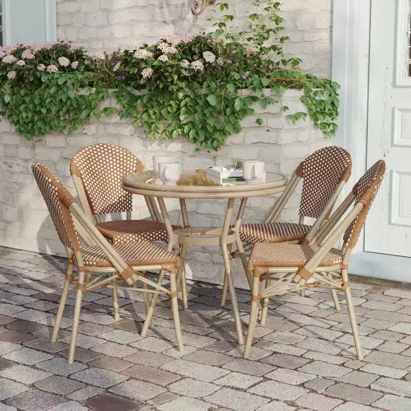 Flash Furniture Lourdes Indoor/Outdoor Commercial Bistro 31.5 Table, PE Rattan, Glass Top with 4 Stack Chairs