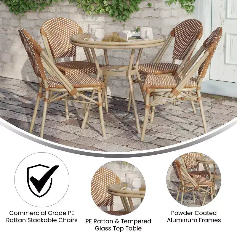 Flash Furniture Lourdes Indoor/Outdoor Commercial Bistro 31.5 Table, PE Rattan, Glass Top with 4 Stack Chairs