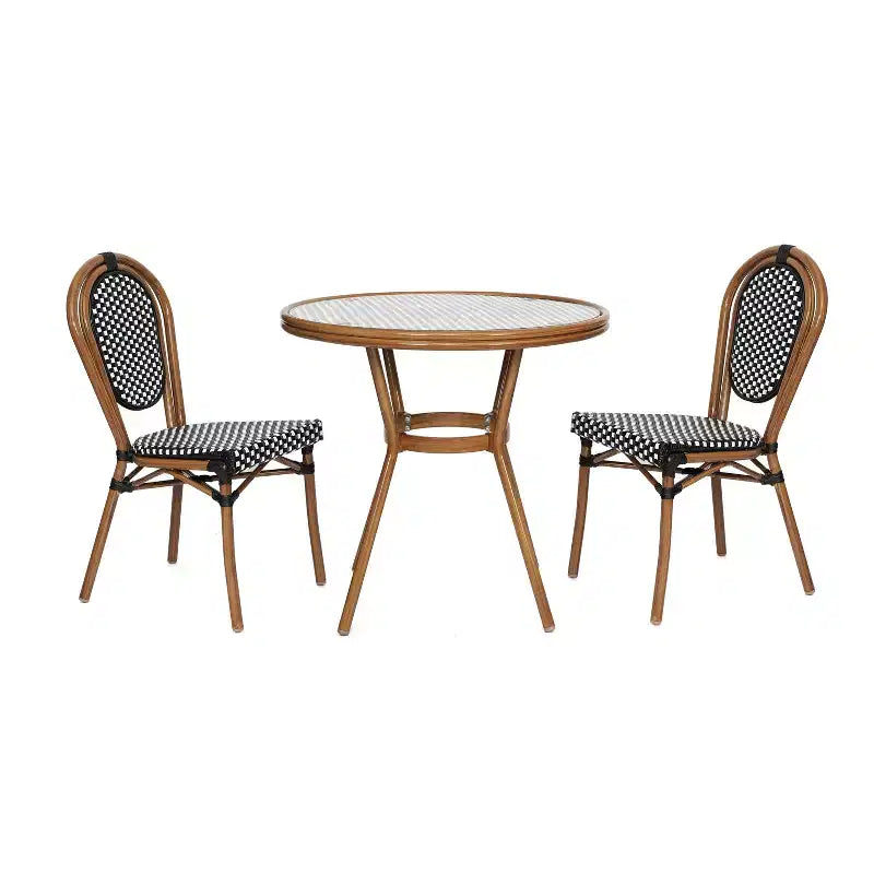 Flash Furniture Lourdes Indoor/Outdoor Commercial Bistro 31.5 Table, Black and White PE Rattan, Glass Top with 2 Stack Chairs