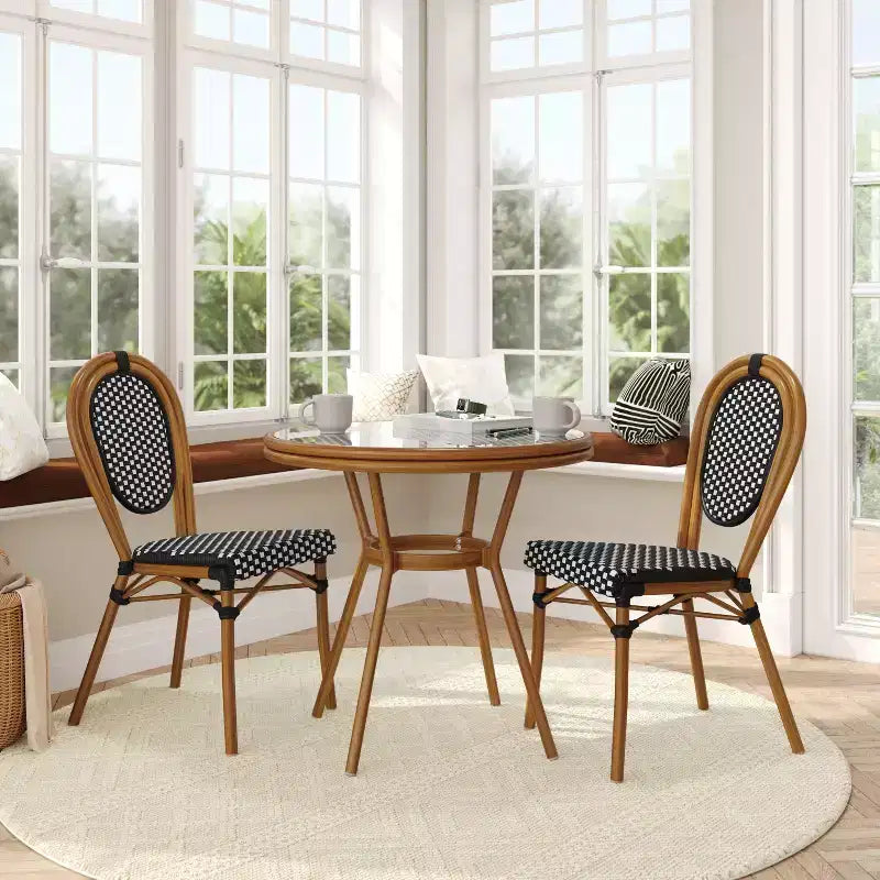 Flash Furniture Lourdes Indoor/Outdoor Commercial Bistro 31.5 Table, Black and White PE Rattan, Glass Top with 2 Stack Chairs
