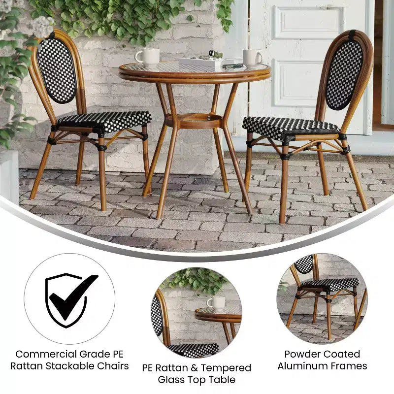 Flash Furniture Lourdes Indoor/Outdoor Commercial Bistro 31.5 Table, Black and White PE Rattan, Glass Top with 2 Stack Chairs