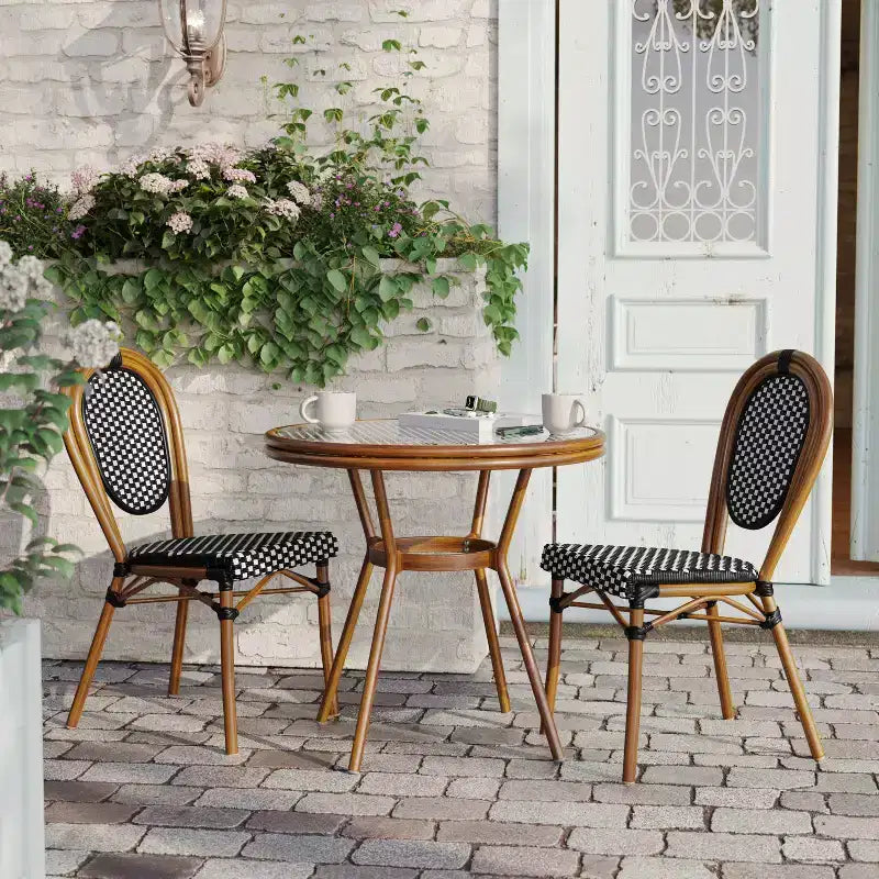 Flash Furniture Lourdes Indoor/Outdoor Commercial Bistro 31.5 Table, Black and White PE Rattan, Glass Top with 2 Stack Chairs