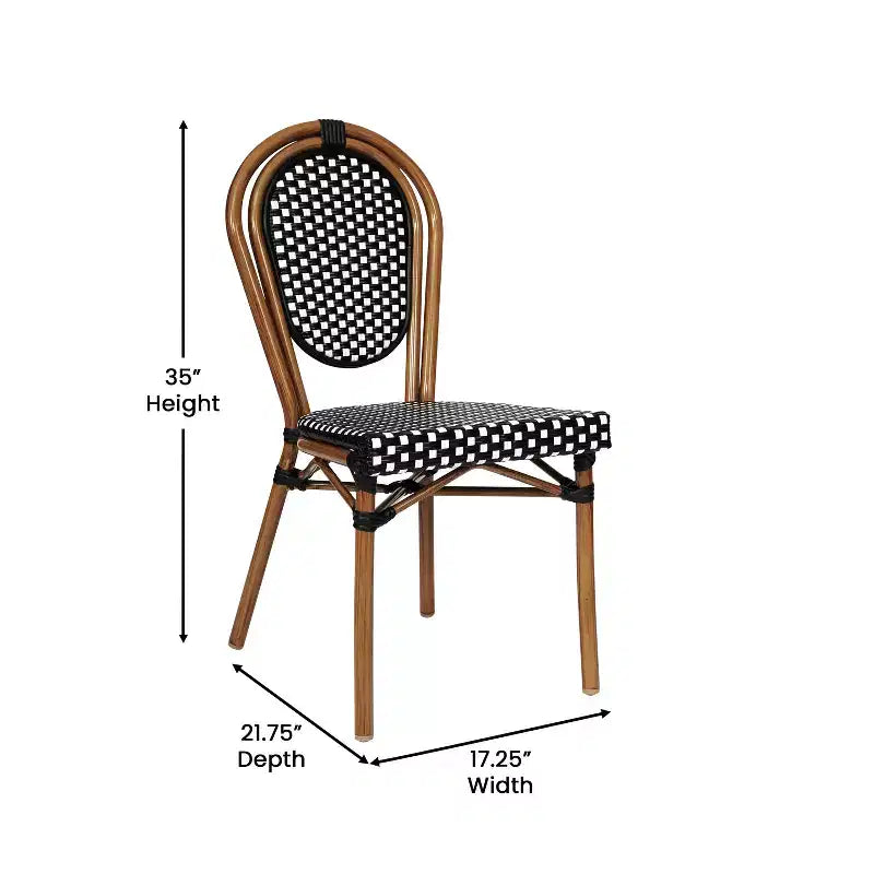 Flash Furniture Lourdes Indoor/Outdoor Commercial Bistro 31.5 Table, Black and White PE Rattan, Glass Top with 2 Stack Chairs