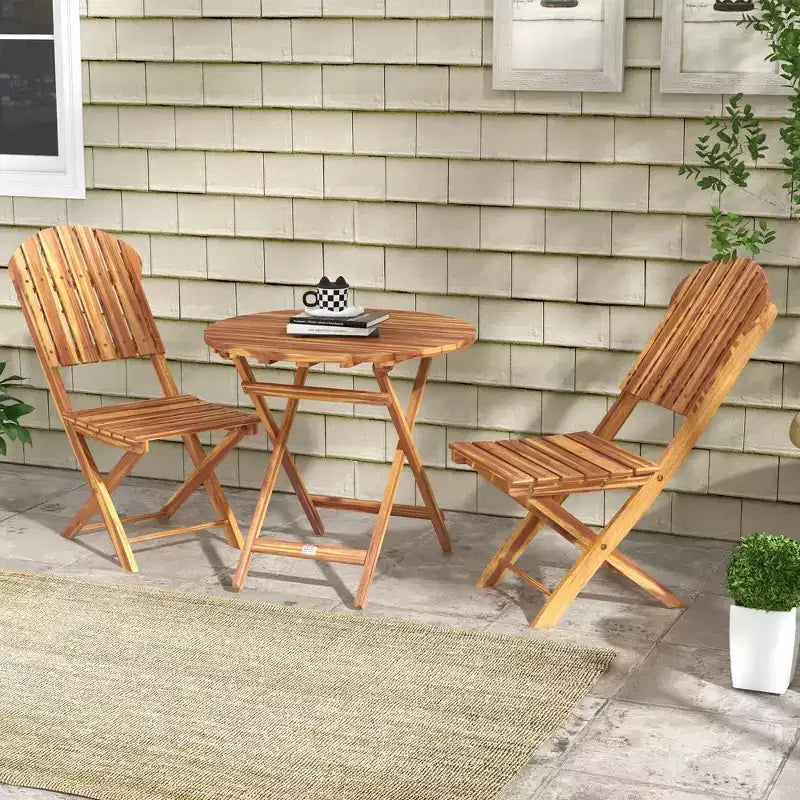 Outsunny 3-Piece Acacia Wood Bistro Set, Foldable Bistro Table and Chairs, Outdoor Bistro Set for Backyard, Balcony, Deck, Porch, Natural Wood Finish