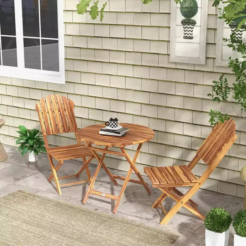 Outsunny 3-Piece Acacia Wood Bistro Set, Foldable Bistro Table and Chairs, Outdoor Bistro Set for Backyard, Balcony, Deck, Porch, Natural Wood Finish