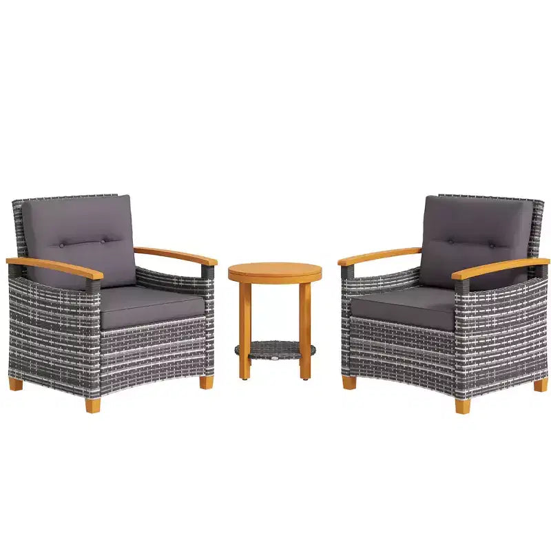 Outsunny 3 Pieces Patio Bistro Set Wooden with Cushions, PE Wicker Patio Furniture Outdoor for Porch, Backyard, Garden, Gray
