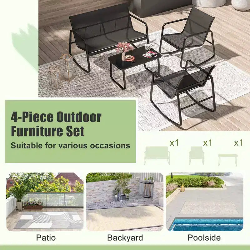Costway 4/8 PCS Patio Rocking Set 4 Rocking Chairs & 2 Loveseat with Glass-Top Table Outdoor Black