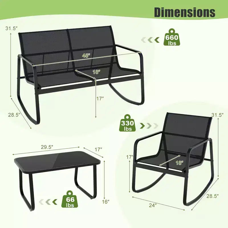 Costway 4/8 PCS Patio Rocking Set 4 Rocking Chairs & 2 Loveseat with Glass-Top Table Outdoor Black
