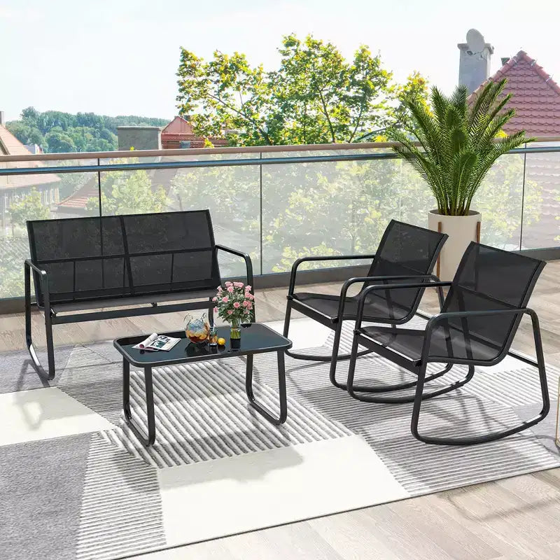 Costway 4/8 PCS Patio Rocking Set 4 Rocking Chairs & 2 Loveseat with Glass-Top Table Outdoor Black